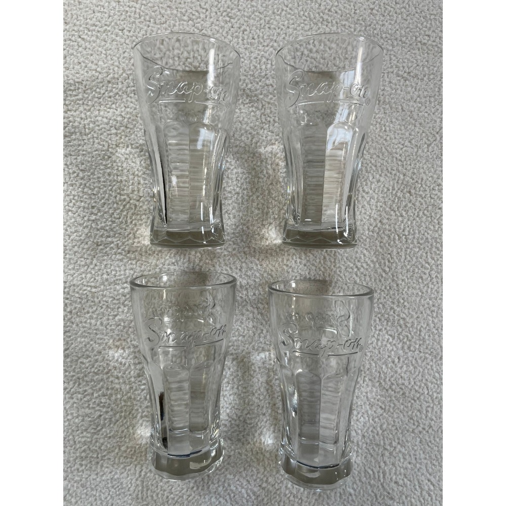Snap-On Tools 8oz Cola Glasses Clear 4 Piece Set Heavy Glass Embossed Logo